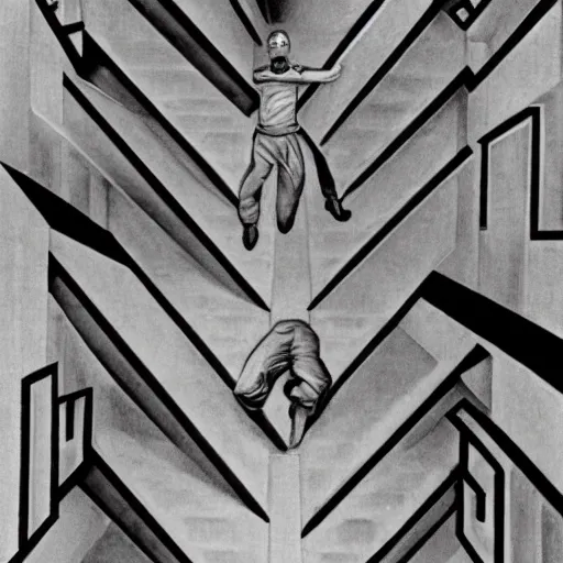 Prompt: a man falling down the stairs in an M.C Escher painting