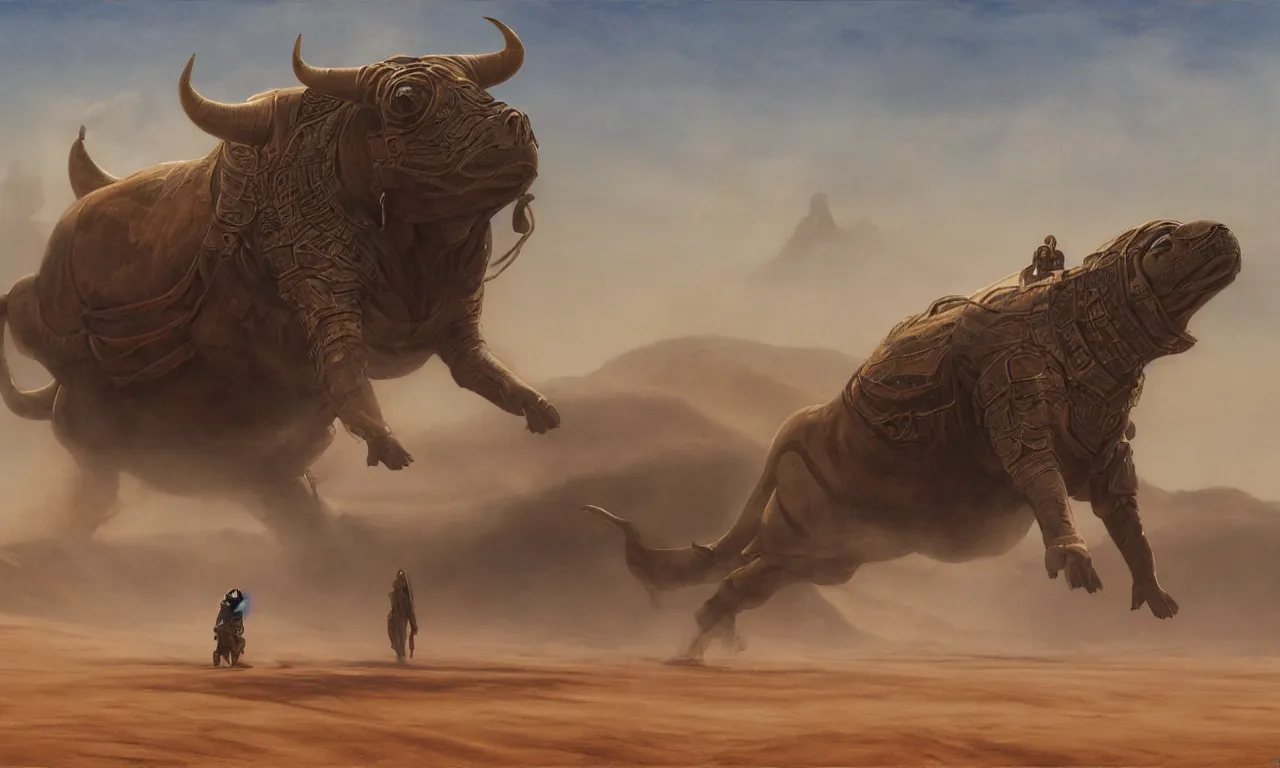 Prompt: detailed painting of dune movie, desert landscape, huge bull emerging from the sand, trending on artstation, by ted nasmith