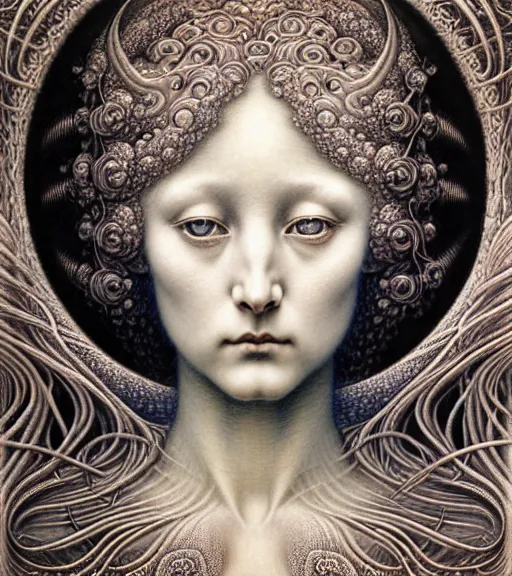 Image similar to detailed realistic beautiful moon goddess face portrait by jean delville, gustave dore, iris van herpen and marco mazzoni, art forms of nature by ernst haeckel, art nouveau, symbolist, visionary, gothic, neo - gothic, pre - raphaelite, fractal lace, intricate alien botanicals, ai biodiversity, surreality, hyperdetailed ultrasharp octane render