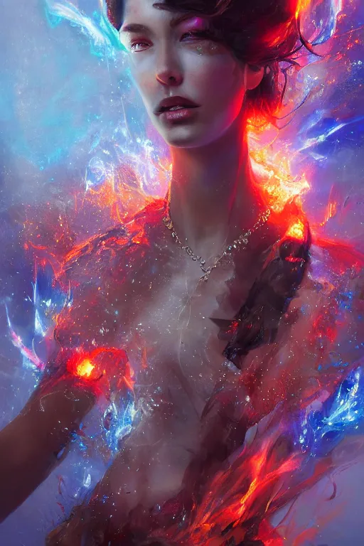 Prompt: closeup of beautiful model wearing exploding glass and lava dress, sorcerer, diamonds, angel, fantasy, dramatic lighting, highly detailed, digital painting, holding electricity, magic the gathering, hyper detailed, 3 d render, hyper realistic detailed portrait, peter mohrbacher, wlop, ruan jia