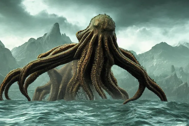 Prompt: giant Cthulhu, high definition, photorealistic, long shot, epic, horizon mountain over water