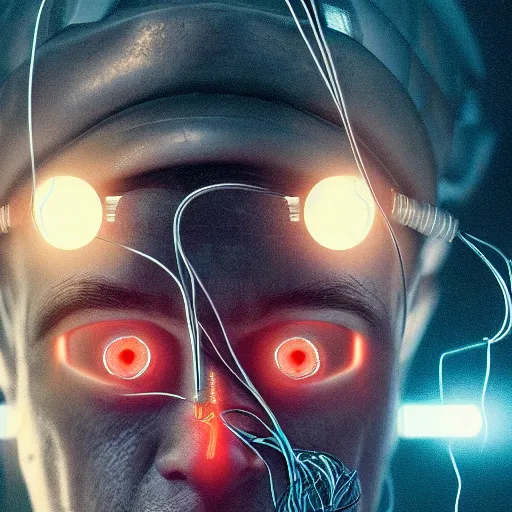 Image similar to a Portrait of a cyborg with wires coming out of his face, red glowing eyes, by Sam Spratt, by Vlad Rodrig﻿u﻿e﻿z, computer screens in the background, trending on Artstation, dark, dramatic, cinematic, realistic studio lighting, realistic reflections, 4k, professional, canon