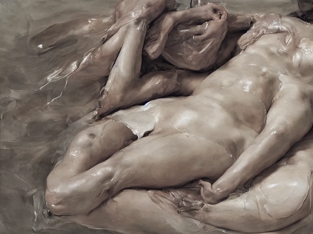 Image similar to Jenny Saville female body on a bed made of water