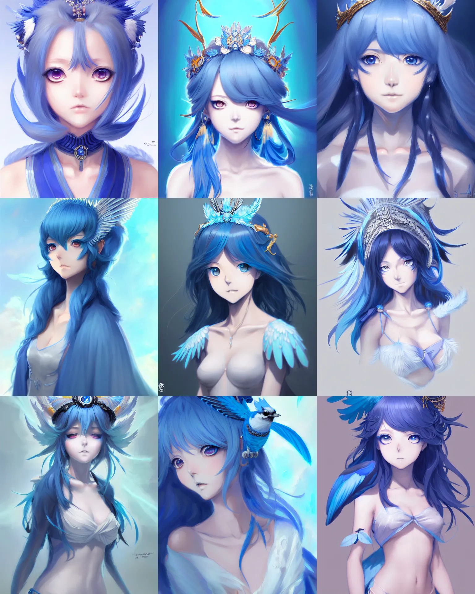 Prompt: character concept art of an anime blue jay goddess | | cute - fine - face, pretty face, realistic shaded perfect face, fine details by stanley artgerm lau, wlop, rossdraws, james jean, andrei riabovitchev, marc simonetti, and sakimichan, trending on artstation