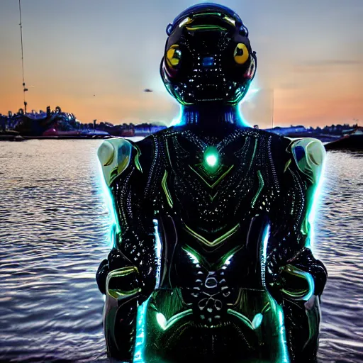 Image similar to love, diverse floating cybersuits, from behind, in water, connection rituals, wide wide angle, vivid, elaborate, highly detailed, beautiful lighting