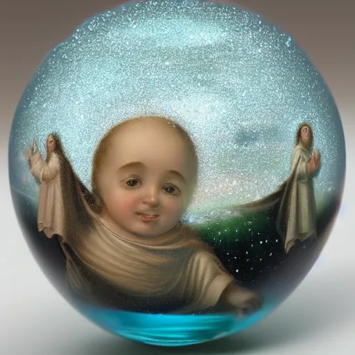 Prompt: baby jesus contained into a spherical glass ball, with a tiny universe inside the glass.