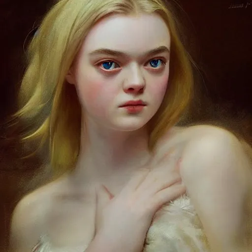 Prompt: a striking hyper real painting of Elle Fanning by Jan Matejko