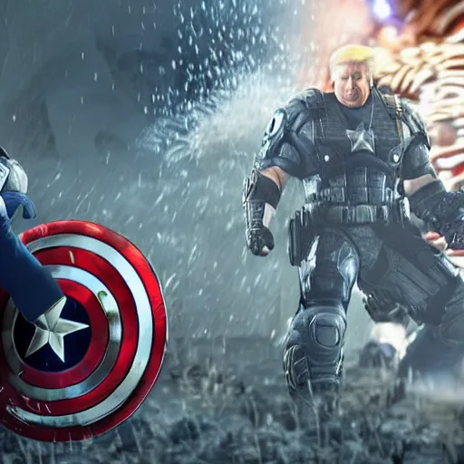 Image similar to Portrait of Donald Trump as captain america in Gears of War, splash art, movie still, cinematic lighting, dramatic, octane render, long lens, shallow depth of field, bokeh, anamorphic lens flare, 8k, hyper detailed, 35mm film grain