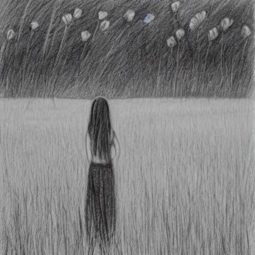 Prompt: pencil sketch of girl standing in field, peaceful, calm, serene