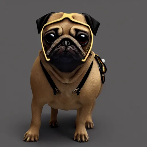 Prompt: 3 d rendered hyper realistic hyper detailed pug wearing a shiny leather gimp mask with zippers covering its face, octane render, blender, 8 k