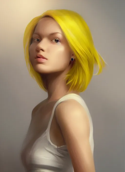 Prompt: portrait, young lady, short yellow hair, computer painting, volumetric lighting, detailed, computer painting