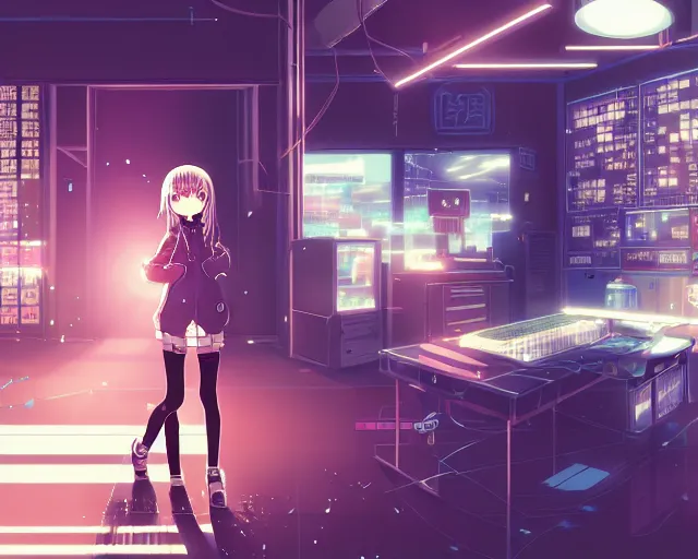 Prompt: anime visual, portrait of a young female cyberpunk hacker in a hacker shop in chiba city, interior, cute face by katsura masakazu and yoh yoshinari,, cinematic luts, genshin impact, dynamic pose, dynamic perspective, strong silhouette, anime cels, ilya kuvshinov, cel shaded, crisp and sharp, rounded eyes, moody