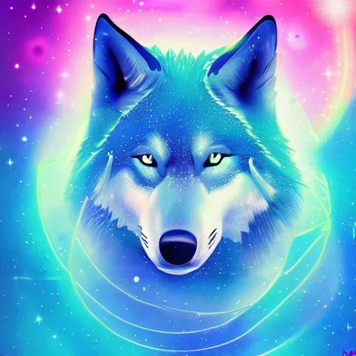 Prompt: A blue translucent wolf meditating in outer space, stars, artstation, digital art, spiritual, award winning, colourful