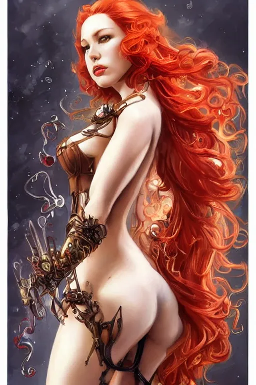 Image similar to portrait from back of sensual Poison Ivy as in DC Comics, very beautiful young woman, ginger wavy hair, Intricate, steampunk imagery themed, D&D!, fantasy style, sharp focus!, ultra detailed, art by Artgerm and Peter Andrew Jones, WLUP