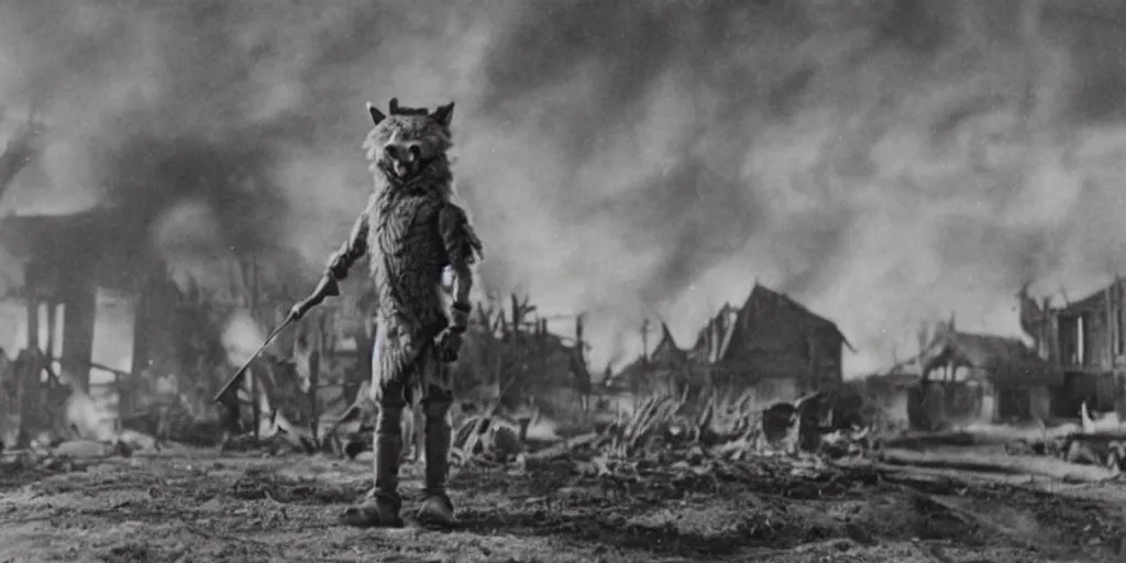 Image similar to anthropomorphic furry wolf in armor standing in front of a burning village, 1900s film scene