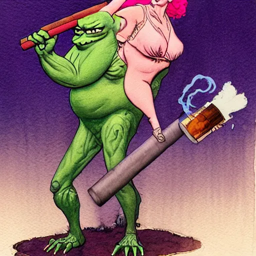 Prompt: a realistic and atmospheric watercolour fantasy character concept art portrait of slimer from ghostbusters with pink eyes wearing a wife beater and smoking a huge blunt by rebecca guay, michael kaluta, charles vess and jean moebius giraud