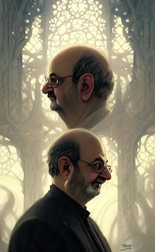 Image similar to portrait of salman rushdie, deep focus, d & d, fantasy, intricate, elegant, highly detailed, digital painting, artstation, concept art, matte, sharp focus, illustration, art by artgerm and greg rutkowski and alphonse mucha