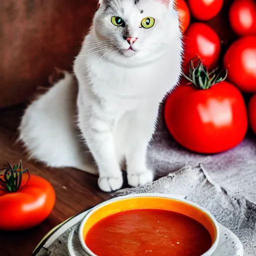 Image similar to a cat sitting on a bowl with tomato soup, professional photography