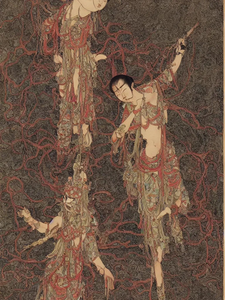 Image similar to ancient chinese zombies with luxuriant full - body official clothes of the qing dynasty, a incredible symmetrical concept design, psychedelic, highly detailed upper body, by mucha, hr giger, zdzislaw