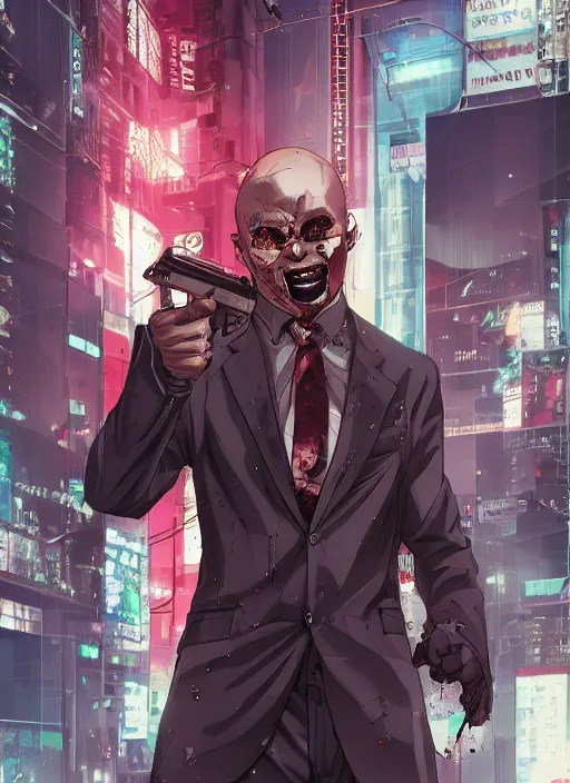 Prompt: manga cover, bloodied bald african-american man holding a gun, business suit, intricate cyberpunk city, emotional lighting, character illustration by tatsuki fujimoto
