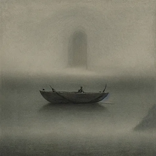 Prompt: “ charon, boatman of the river styx, ferrying deceased souls across the river and into the underworld, beksinski ”