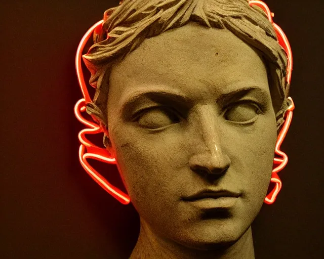 Image similar to renaissance sculpture head with neon art, hyper detailed