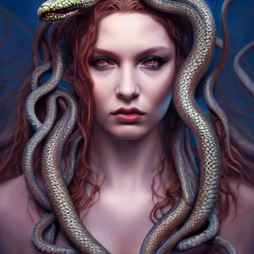 Image similar to medusa, perfect eyes, full body shot, snakes, portrait, fantasy, beautiful face, medieval, vivid colors, elegant, concept art, sharp focus, digital art, Hyper-realistic, 4K, Unreal Engine, Highly Detailed, HD, Dramatic Lighting by Brom, trending on Artstation