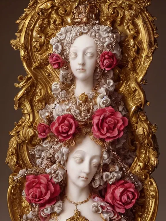 Image similar to a beautiful portrait render of a recatholic rococo roses veiled red queen sculpture,with baroque symmetry intricate detailed ,heart,pray,love,crystal-embellished,by Daveed Benito,LEdmund Leighton,Virginie Ropars,aaron horkey,Billelis,trending on pinterest,hyperreal,gold,silver,ivory,maximalist,glittering,golden ratio,cinematic lighting