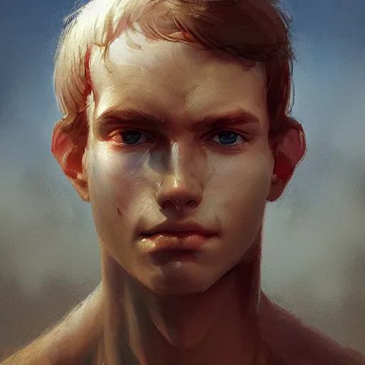 Image similar to A boy with a burn mark on his left eye, Graceful body structure,cute,Symmetrical face,highly detailed,elegant,Marc Simonetti and Caspar David Friedrich, Trending on artstation