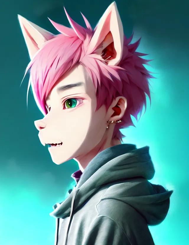 Image similar to a beautiful headshot portrait of a cute anime male boy with pink hair and pink wolf ears wearing a hoodie. piercings. green eyes. character design by cory loftis, fenghua zhong, ryohei hase, ismail inceoglu and ruan jia. artstation, volumetric light, detailed, photorealistic, fantasy, rendered in octane