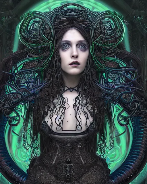 Image similar to Pre-raphaelite Perfectly-centered Hyperdetailed Hyper realistic symmetrical cinematic RPG portrait-illustration of a beautiful aetherpunk cyberpunk Medusa with glowing eyes in a black otherworldly dress and long ravepunk snakes for hair. She's near lovecraftian towers in a surreal landscape, style of epic sci-fi comic-book cover, 3D rim light, octane, artstation, cgsociety, smooth digital art, sharp focus