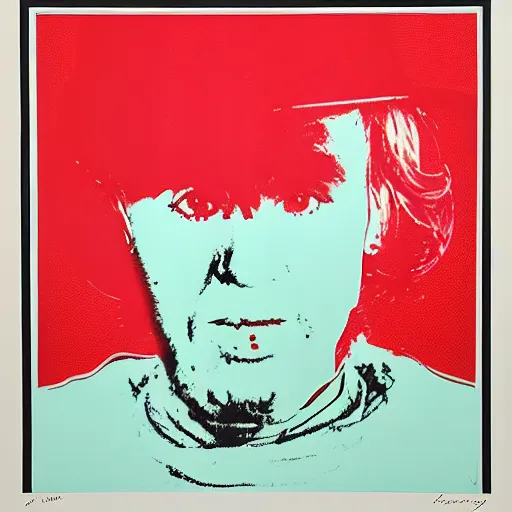 Image similar to individual silk screen portrait of unemployed artist contemplating suicide by andy warhol