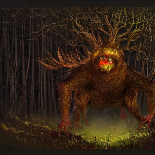 Image similar to Intricate detailed illustration, A terrifying and evil creature found in the woods, cinematic lighting, by Eric Carle, wide angle, volumetric light scattering, 8k, artstation, concept art,