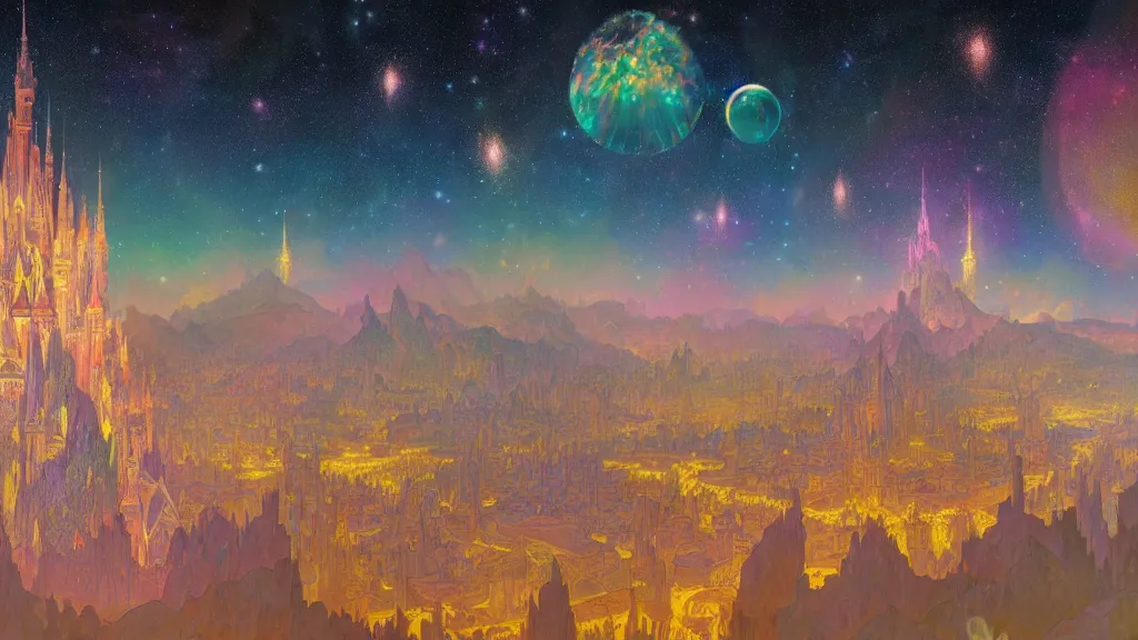 Image similar to a beautiful highly detailed matte painting of colorful castle nebulas by moebius, alphonse mucha, stars in the background, highly detailed, intricate design, 8 k resolution, octane render, trending on artstation and cgsociety