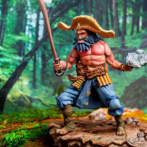 Prompt: high - res photograph of a claymation sculpture action figure warrior dwarf luffy, highly detailed sculpey diorama, forest setting, waterfall backdrop, smooth, sharp foccus, commercial product photography,