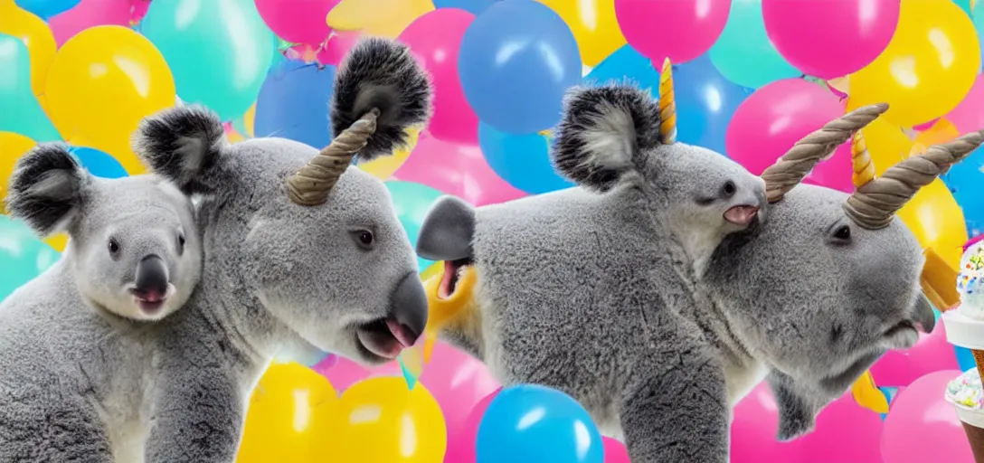 Prompt: a medium shot of a unicorn and koala enjoying ice cream cones at a birthday party for penguins, highly detailed, Pixar movie, anamorphic lens