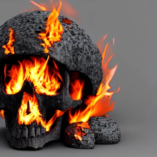 Image similar to a skull on a pile of burning coals and embers, isometric, 3 d render, 8 k