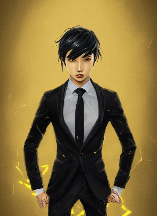 Image similar to a highly detailed illustration of young attractive black haired asian boy wearing black suit and tie with coattails, yellow eyes, dramatic elegant pose, strings background, intricate, elegant, highly detailed, centered, digital painting, artstation, concept art, smooth, sharp focus, league of legends concept art, wlop.