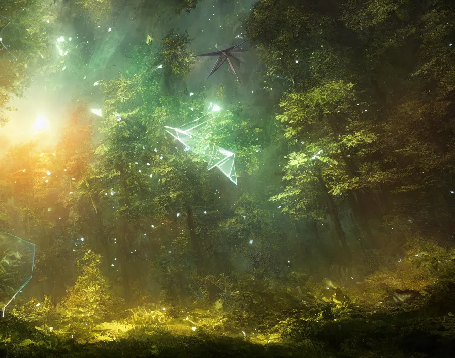 Prompt: flying geometric shiney triangle in forest, beautiful graphics, fantasy artwork, very beautiful scenery, hd, hdr, ue 5, ue 6, unreal engine 5, cinematic 4 k wallpaper, 8 k, ultra detailed, by popular digital, details, beautiful image ever created, high resolution, artstation, award winning