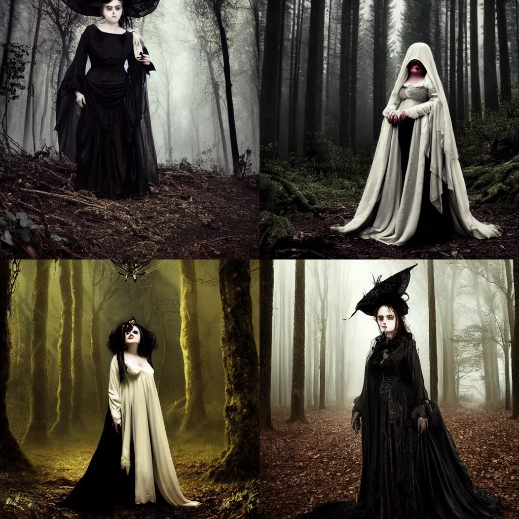 Prompt: stunning full body baroque portrait, pale vampiric gaunt woman Helena Bonham Carter in mourning veil wearing a industrial victorian dress, symmetrical face, in a forest surrounded by dark hanging trees, sinister, priestess, witch, wicked, villain, detailed, atmospheric, dark gothic color scheme, cinematic, desaturated, 8K matte, rendered in octane