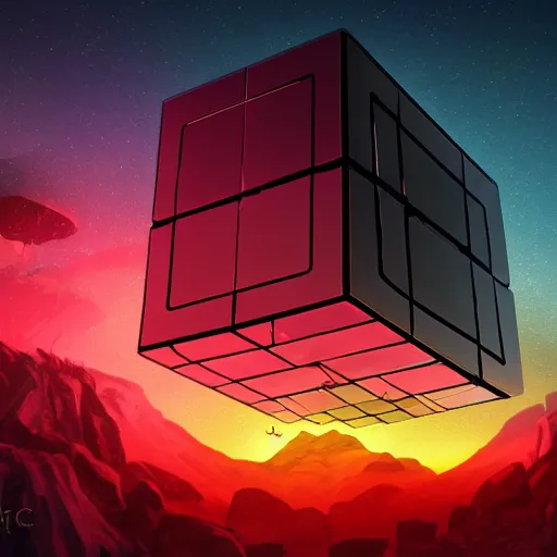 Image similar to A glowing cube in a dark, fantastic landscape, surrounded by many hooded figures circling the cube. Epic Digital Art, High Detail, 4k