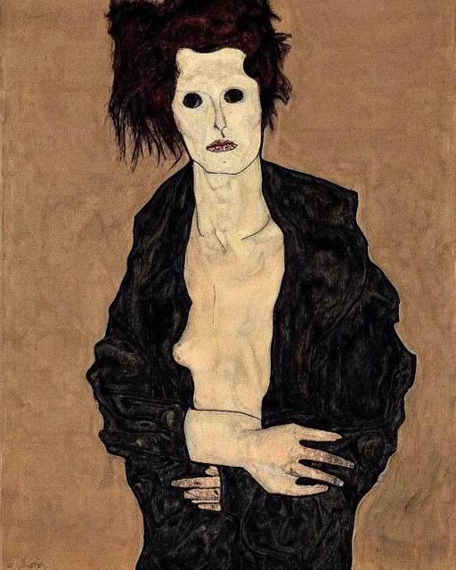 Prompt: A goth portrait painted by Egon Schiele. Her hair is dark brown and cut into a short, messy pixie cut. She has a slightly rounded face, with a pointed chin, large entirely-black eyes, and a small nose. She is wearing a black tank top, a black leather jacket, a black knee-length skirt, a black choker, and black leather boots.