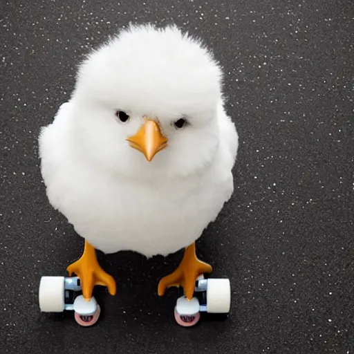 Prompt: fluffy chick looking at the camera, on a skateboard with the nose up, on floor with tiles, photorealistic