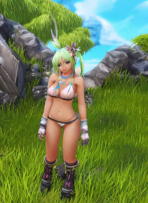 Prompt: Anime Girl in Bikini inside of a world of warcraft video game world, Unreal Engine, 8k, HD