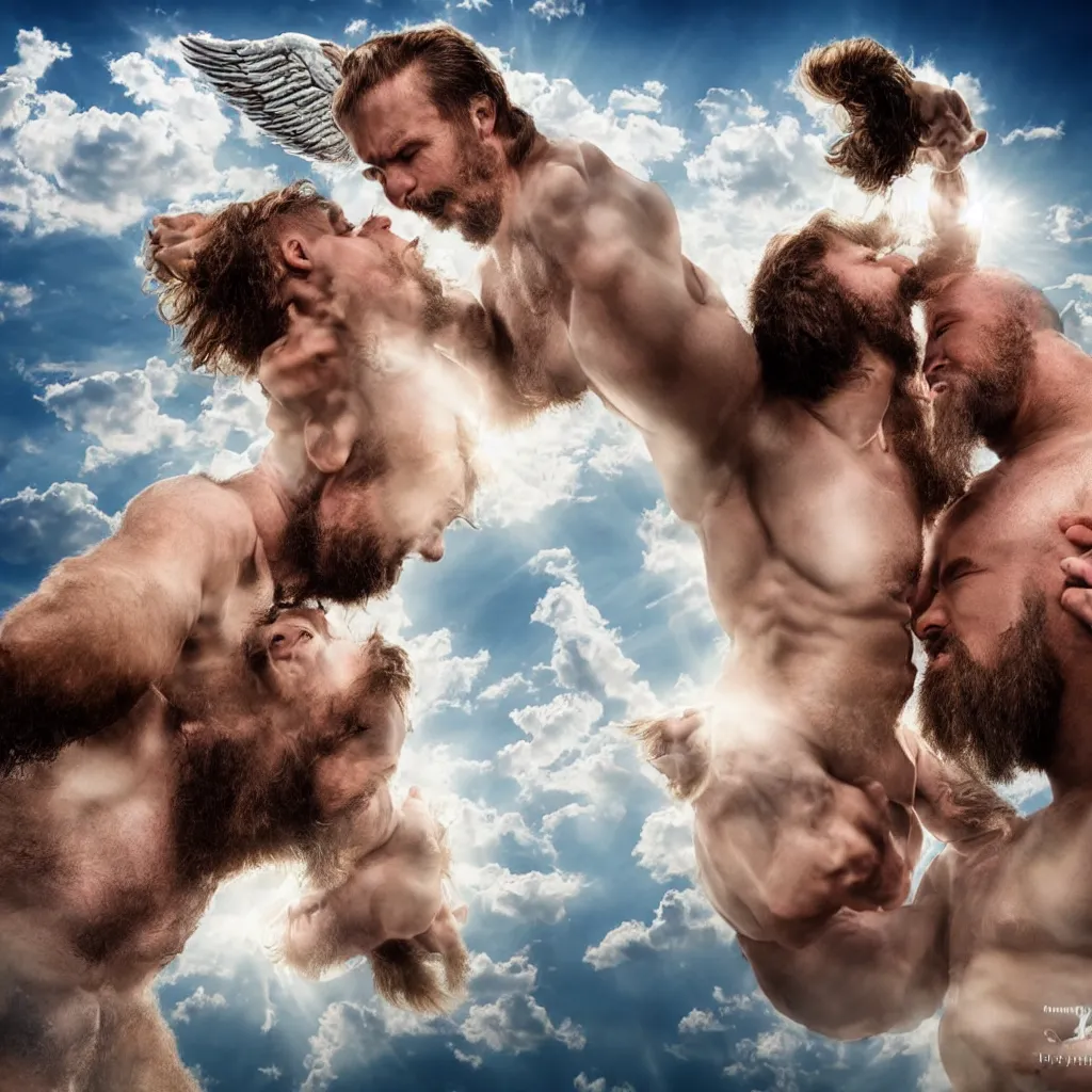 Image similar to hairy strongman angels kissing in the sky, photography, sunrays, clouds, high resolution, highly detailed, epic