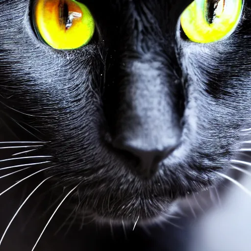 Image similar to intricate photo of a black cat, extreme close up on the cats face, cat facing right