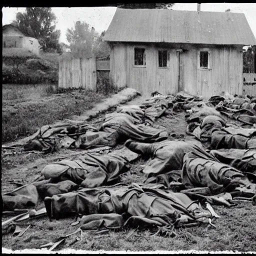 Image similar to a ww 2 picture of a pile of dead body's infront of a farm house, highly realistic, very detailed, taken on a ww 2 camera.