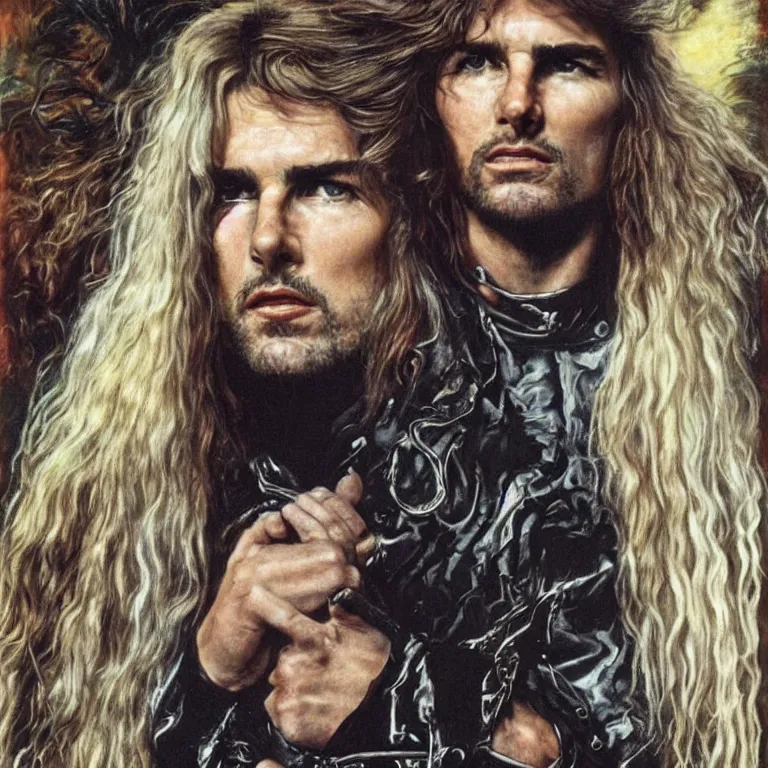 Prompt: Pre-Raphaelite portrait of Tom Cruise as the leader of a cult 1980s heavy metal band, with very long blond hair and grey eyes, high saturation