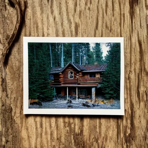 Image similar to cabin in the woods, pine trees, hyper realistic, national geographic cover, photograph, f 8. 0, 3 2 mm, polaroid