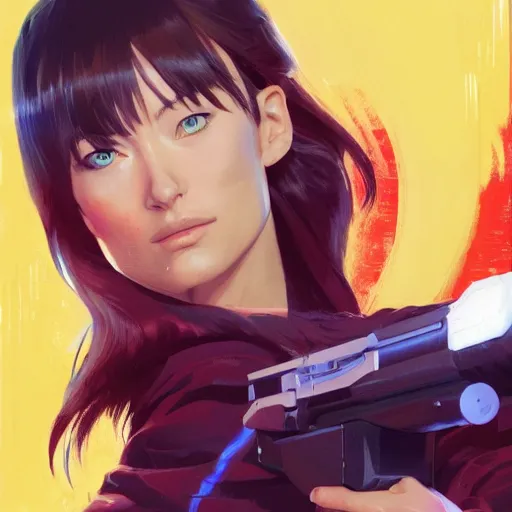 Image similar to olivia wilde holding a blaster, very very anime!!!, fine - face, realistic shaded perfect face, fine details. anime. realistic shaded lighting poster by ilya kuvshinov katsuhiro otomo ghost - in - the - shell, magali villeneuve, artgerm, jeremy lipkin and michael garmash and rob rey